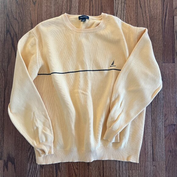 Nautica Y2K Mens Pullover Sweater 100% Cotton Yellow With Dark Stripe XL - Picture 7 of 7